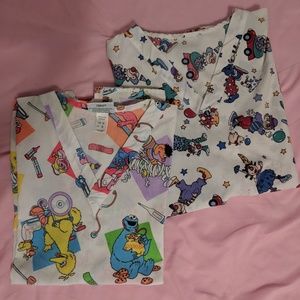 Pair of Cartoon Printed Scrub Tops